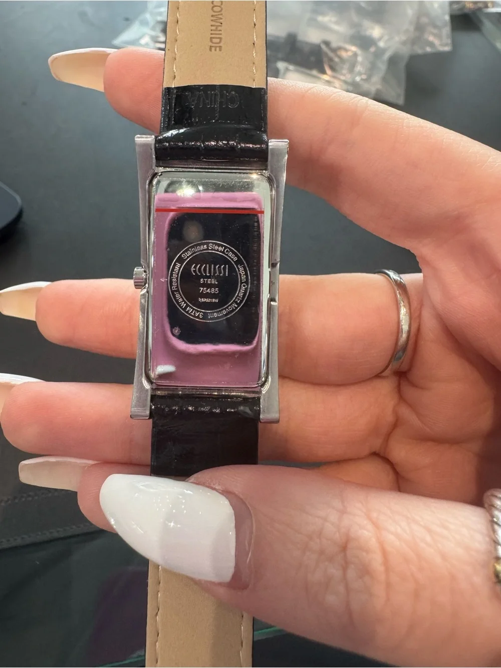 New Eclissi Stainless Steel Rectangular Watch with Black Leather Strap